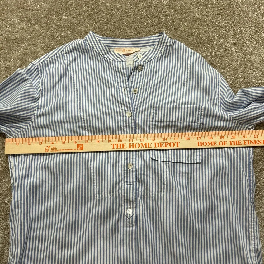 Tory Burch M Long Sleeve Blouse‎ Striped Cotton Blend Mandarin Collar Blue White